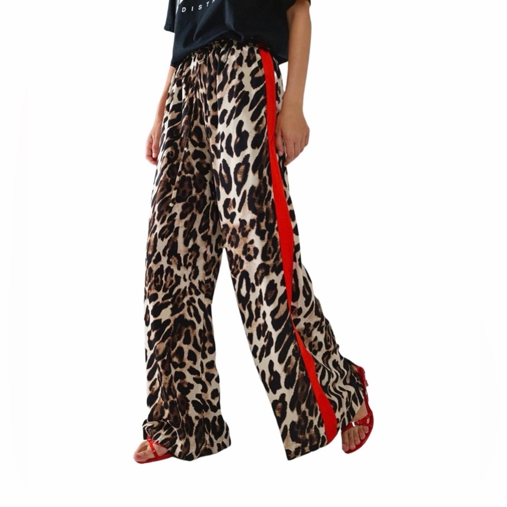 Leopard Print Wide Leg Palazzo Pants with Red Side Stripe | Elastic Waist - Picture 3 of 6